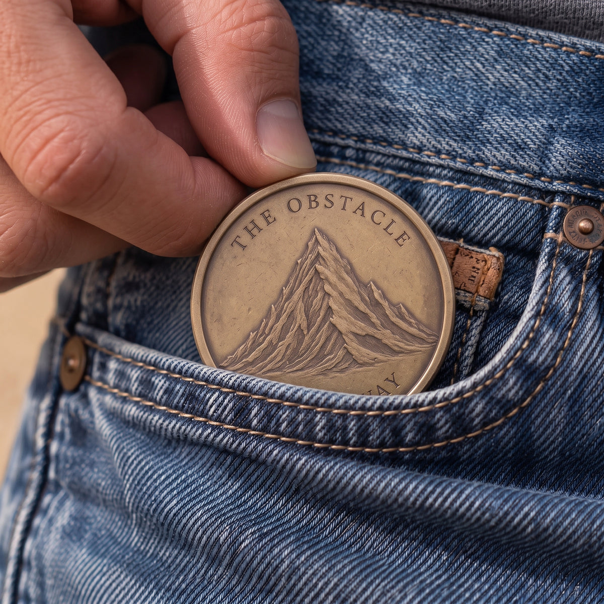 Close-up of a Stoic pocket coin
